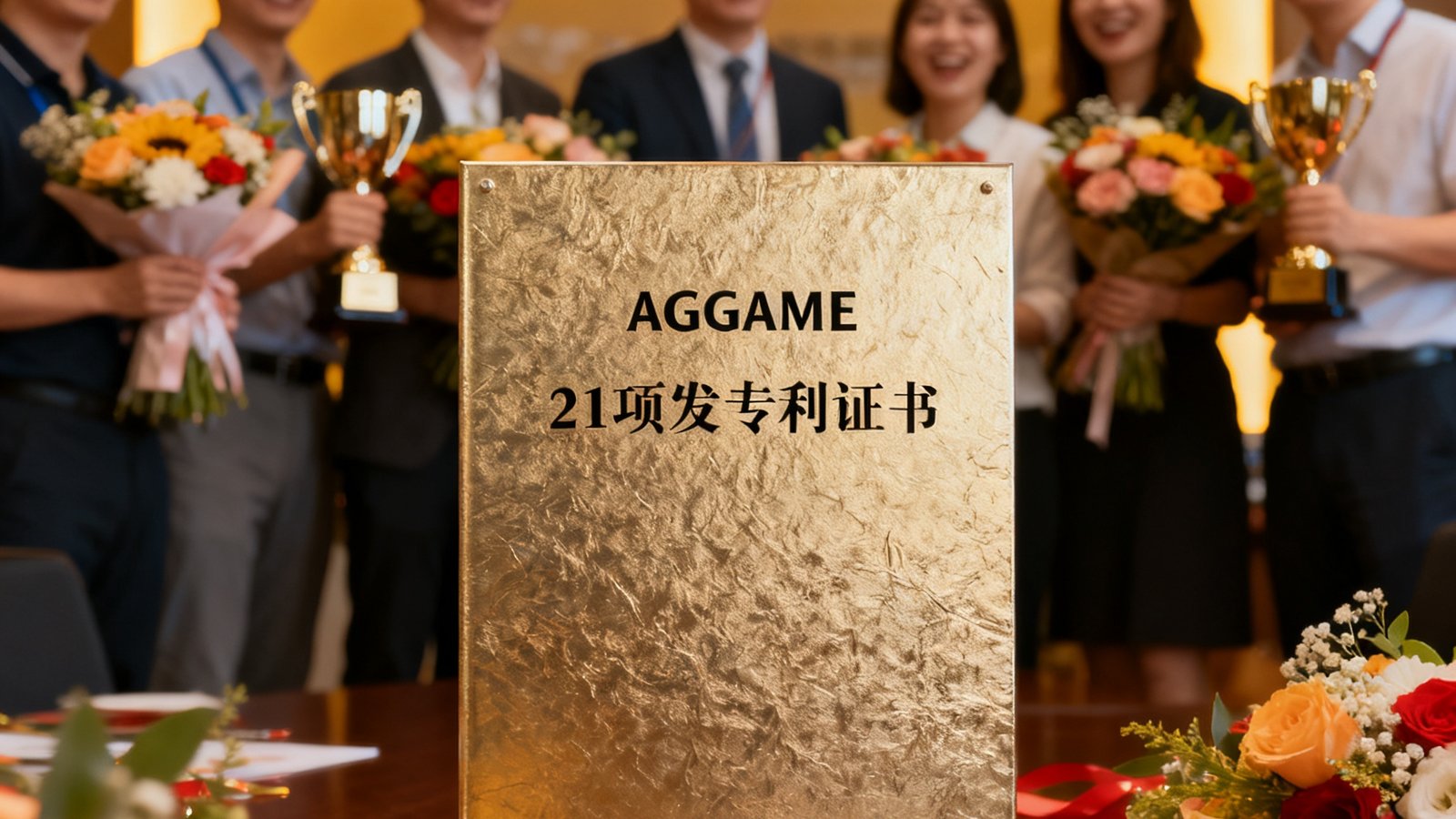 AGGAME第21项发明专利授权证书的特写照片，背景是研发团队庆祝的场景